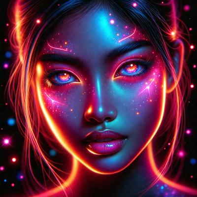 The primary subject of the image is a woman with blue eyes and a blue face. She is the main focus of the image. The setting is a space with a background of stars. The visual style is digital art, as the woman's face is depicted with a neon glow. The colors and mood of the image are predominantly blue, creating a serene and otherworldly atmosphere.
